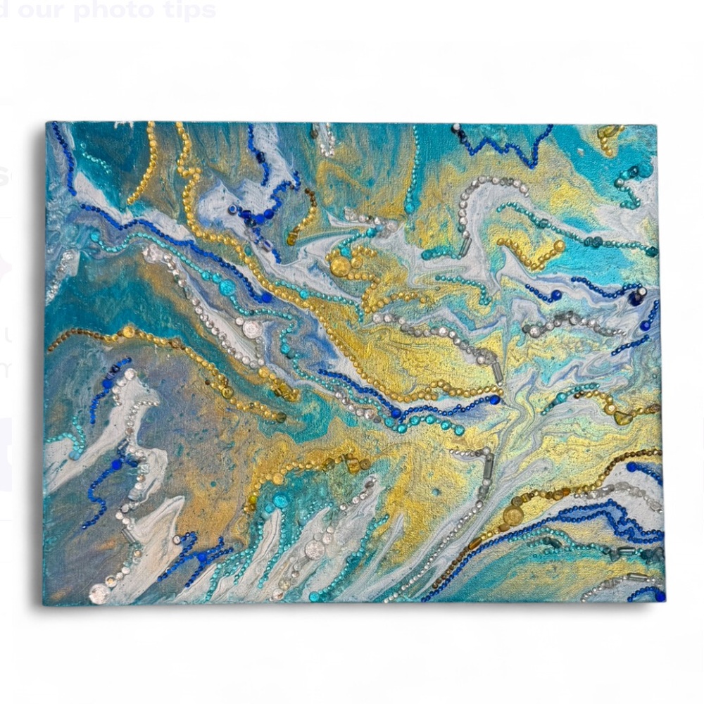 Original Mixed Media Canvas: Textured Flow in Aqua, Gold, and Sapphire 11" x 14”